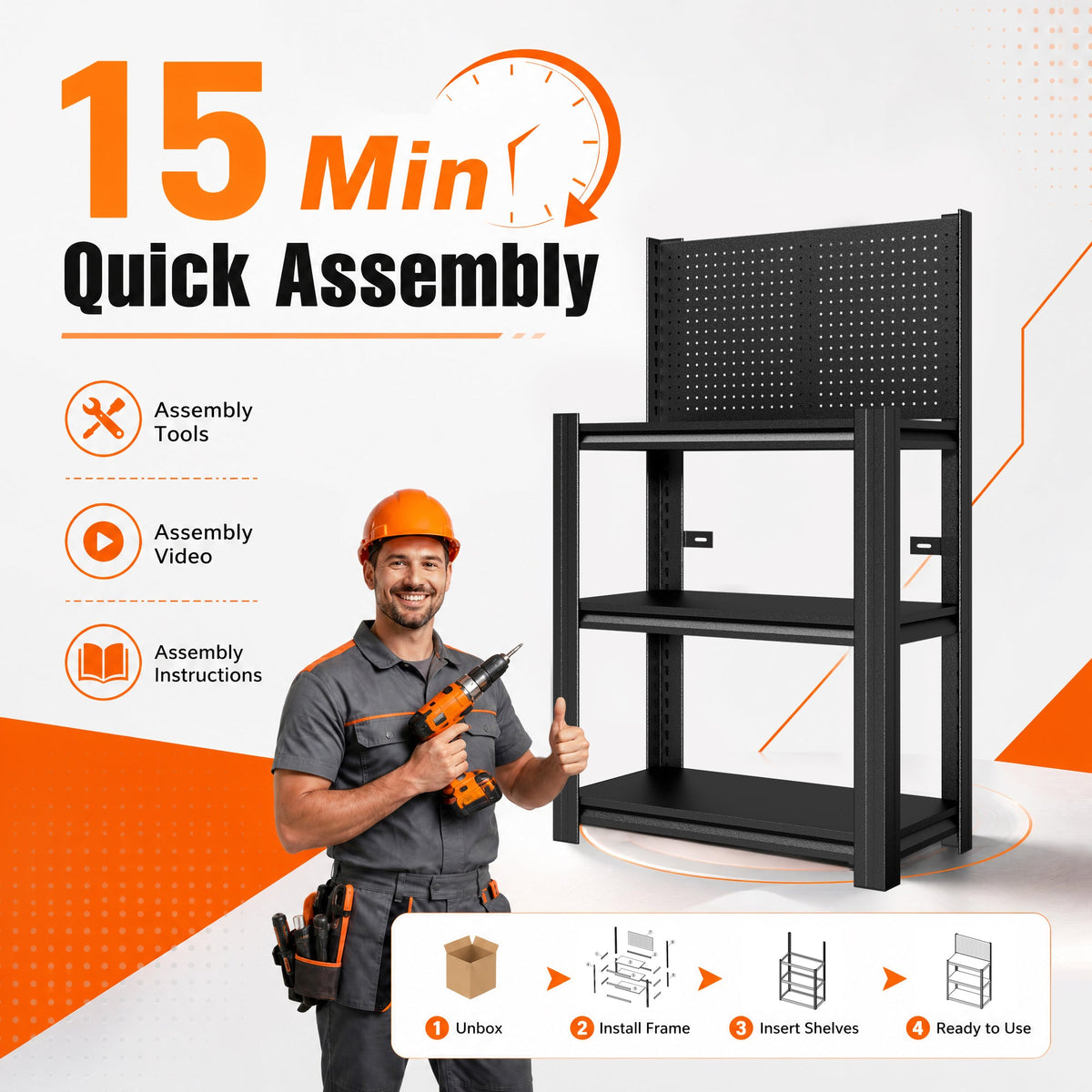 3-Tier Heavy-Duty Metal Storage Shelving Unit with Pegboard - Metal