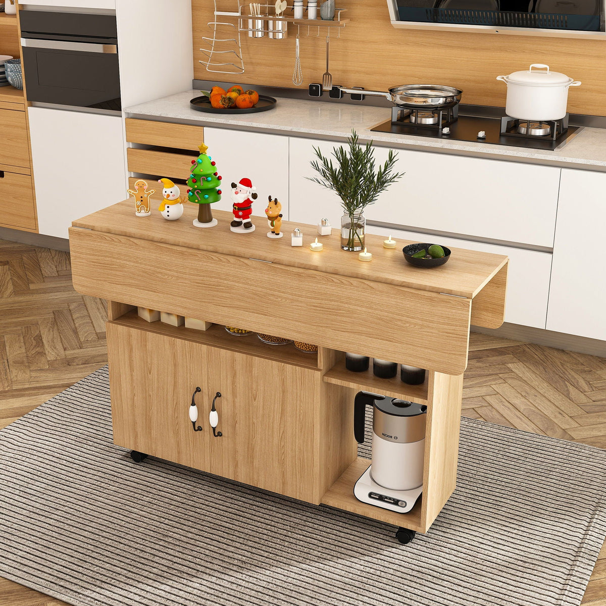 Multi Functional Folding Table with Storage Shelves and Wheels - Light Brown or Dark Brown