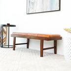 Rustic Upholstered Bench with Genuine Leather Cushion - Tan