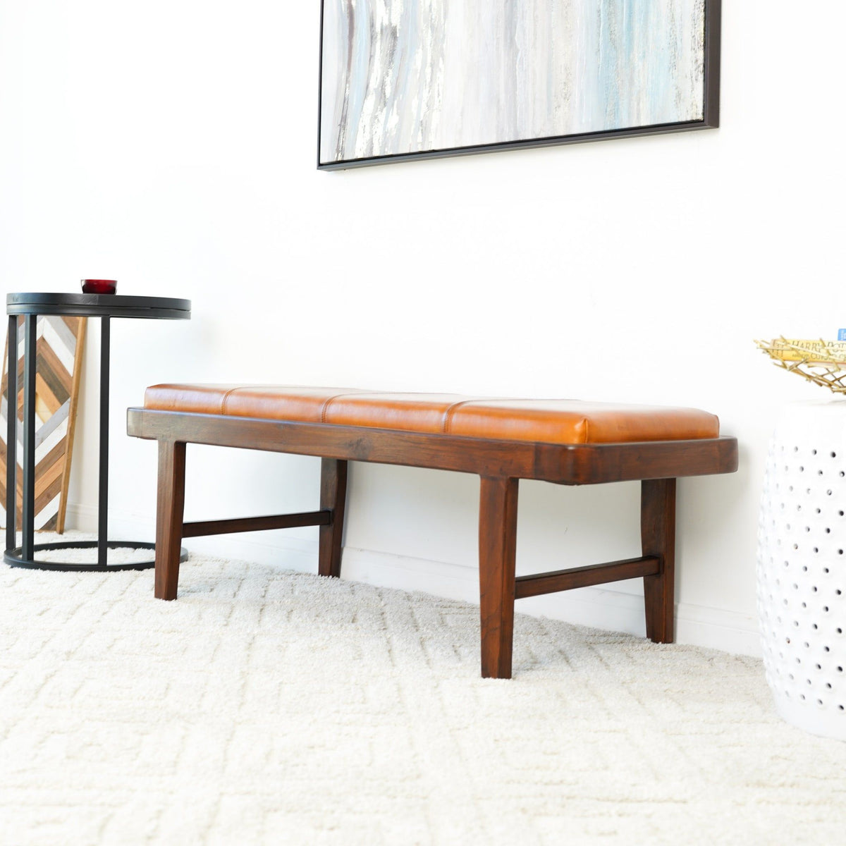 Rustic Upholstered Bench with Genuine Leather Cushion - Tan