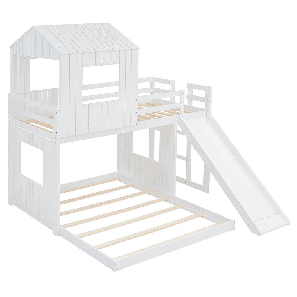 Loft Bunk Bed With Playhouse, Slide, and Guardrails - Twin Over Full