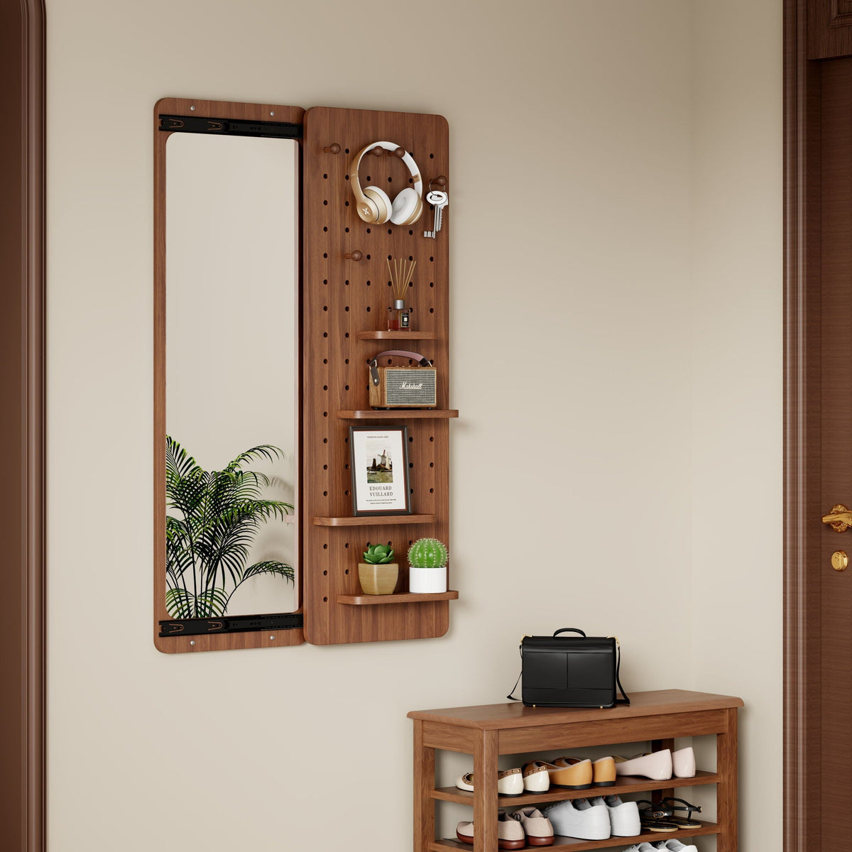 Full Length Wall Mounted Mirror with Shelf and Hook - Dark Brown, White, or Light Brown