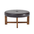 Round Leather Ottoman Coffee Table with Solid Wood Base