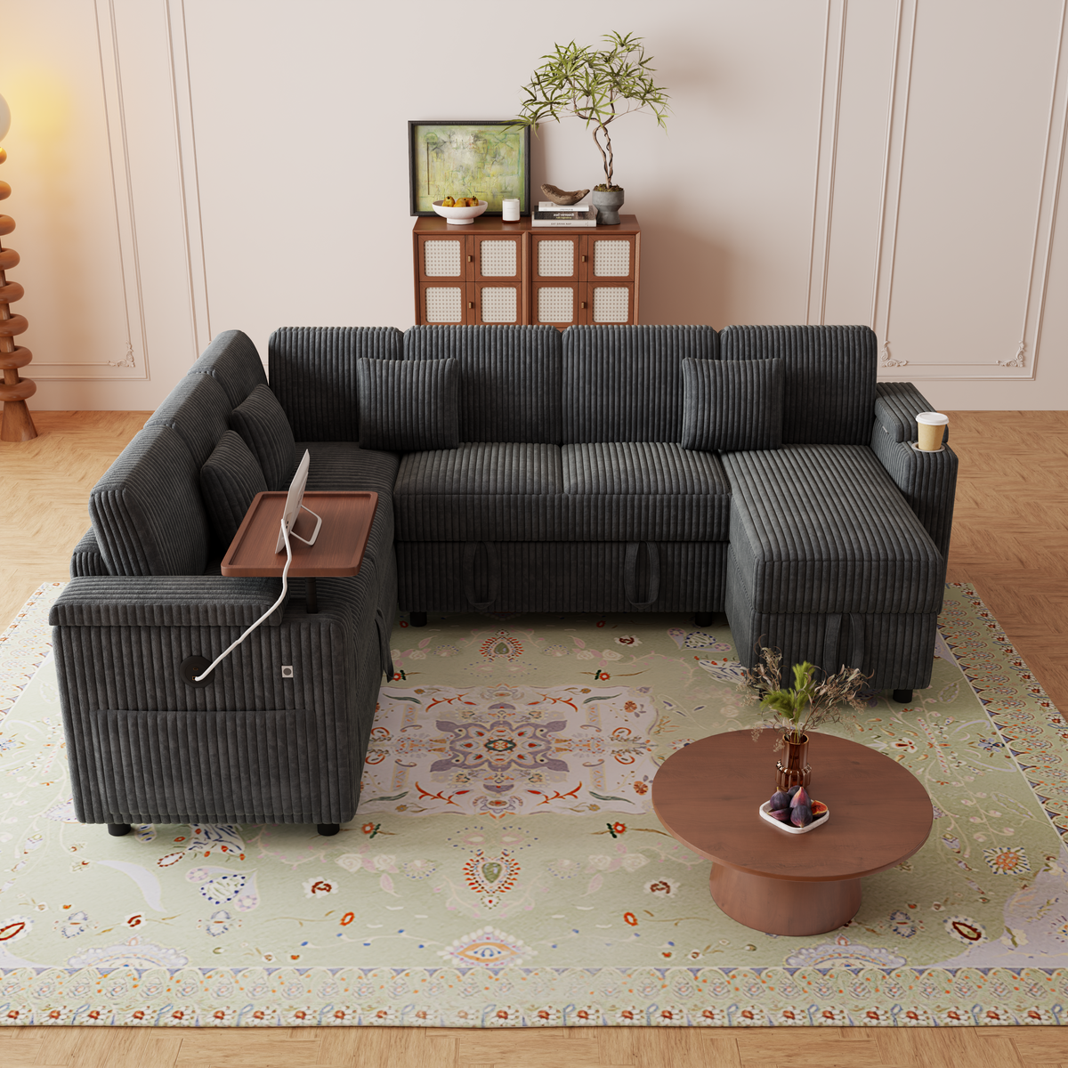 100-Inch Pull-Out Sofa with USB Ports and Cup Holder - Corduroy