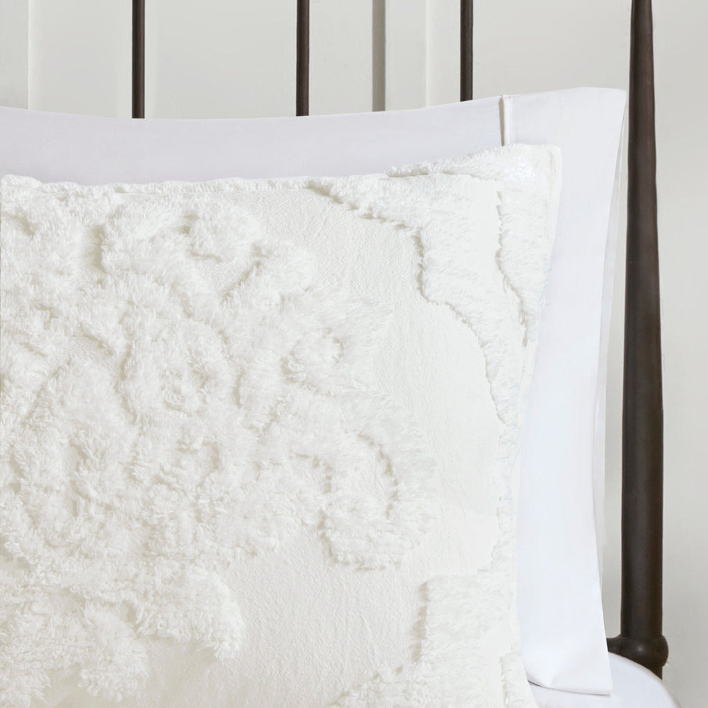 Tufted Cotton Chenille Damask Comforter Set with Shams - Off White