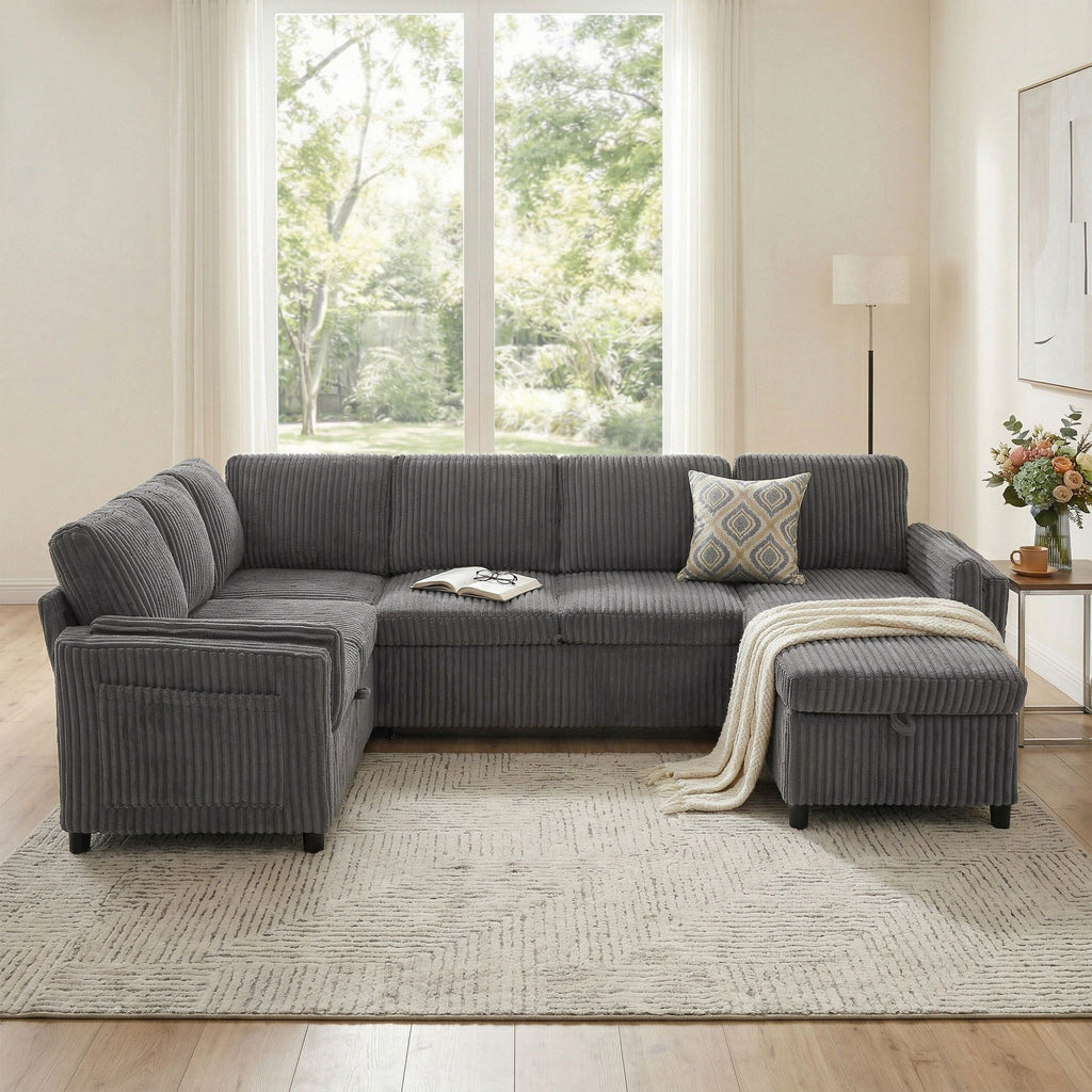 Convertible U-Shaped Sectional Sofa Bed with USB Ports and Storage – Black, Dark Gray, Blue