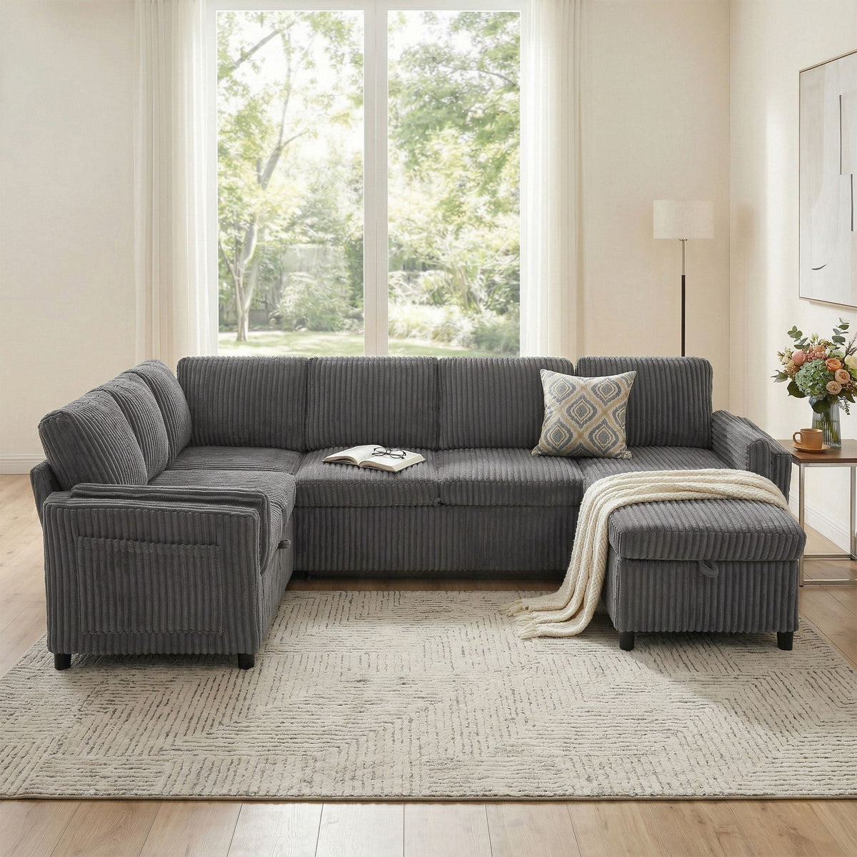 Convertible U-Shaped Sectional Sofa Bed with USB Ports and Storage – Black, Dark Gray, Blue