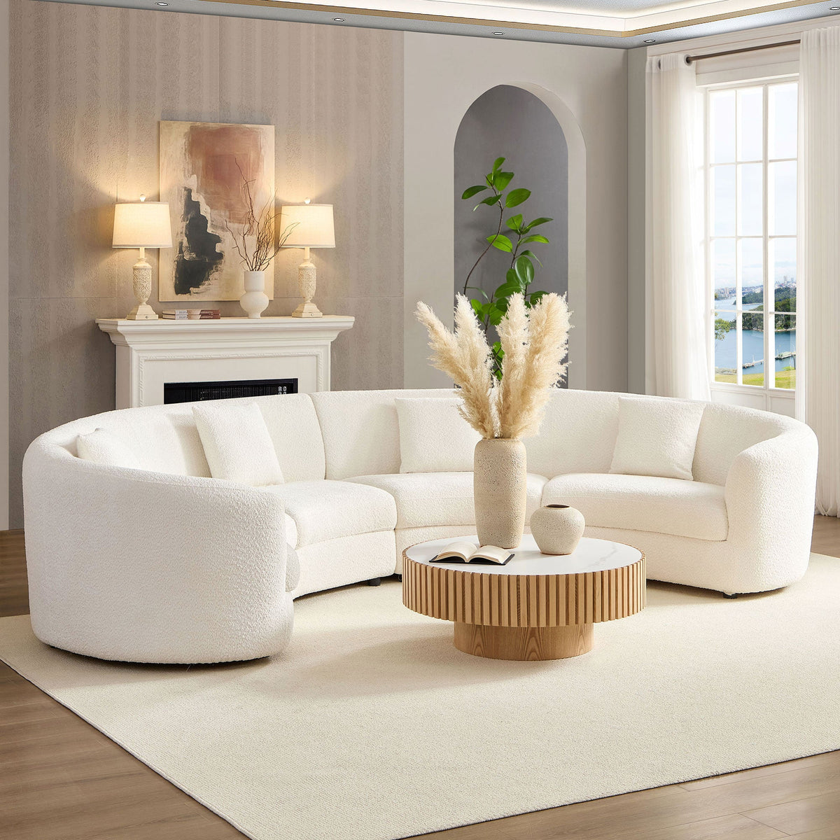 Classic Curved Tight Back Sofa with 4 Pillows - Polyester Upholstery