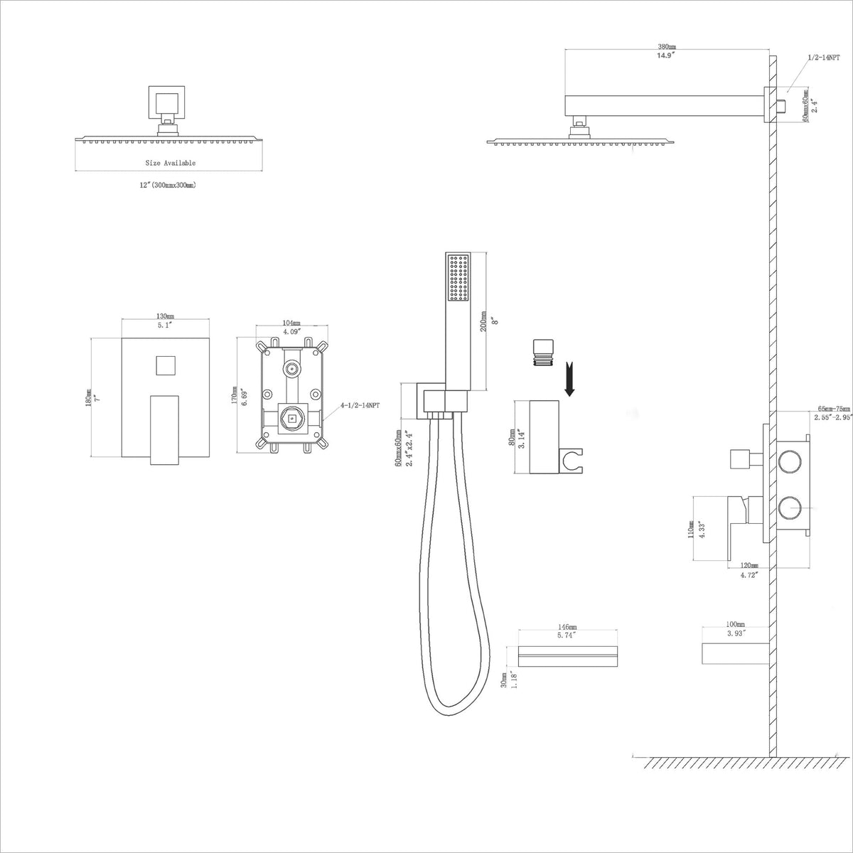 Square Shower System with Waterfall Tub Spout and Valve - Black