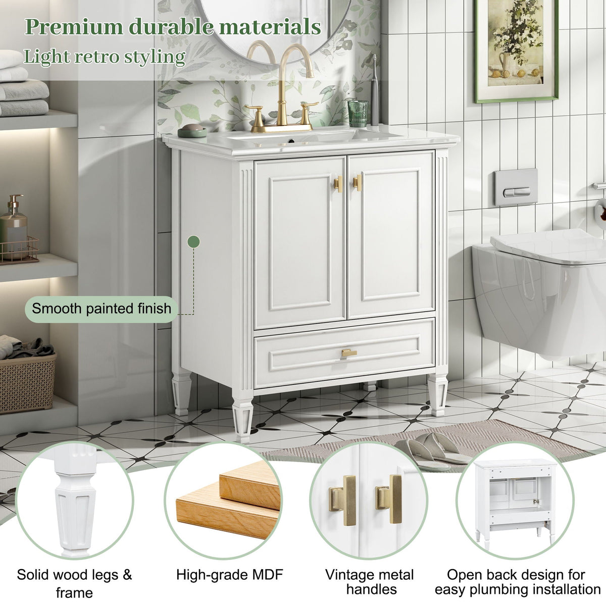 Freestanding Vanity with Drawer & Soft Close Doors - Green or White