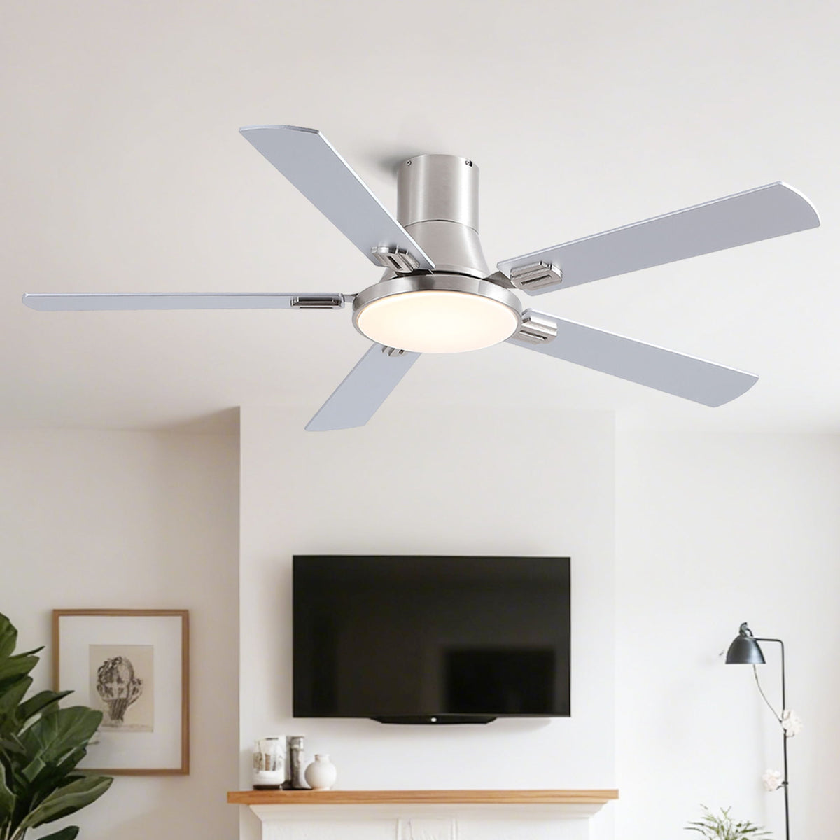Flush Mount Ceiling Fan with LED Light and Remote Control - Black, White, Pearl Silver