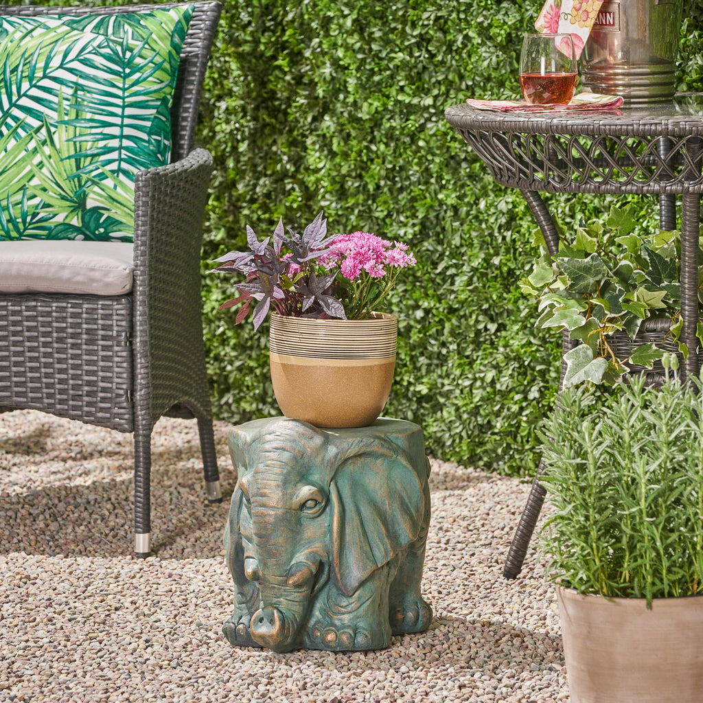 Elephant Garden Stool with Distressed Copper Patina Finish - Outdoor Accent Table