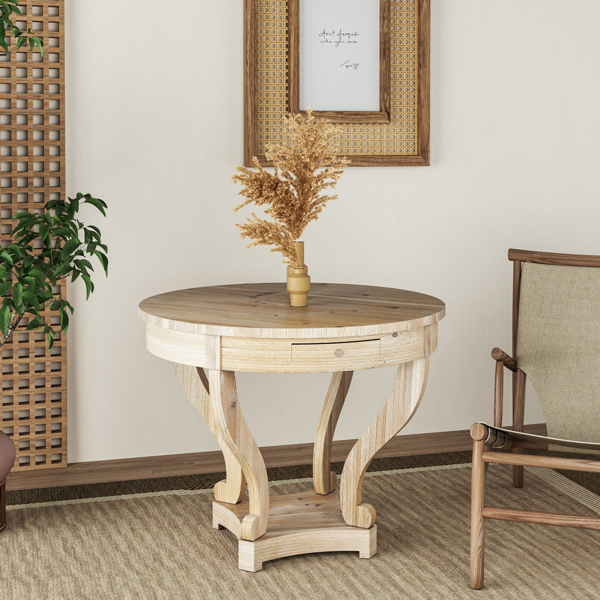 Natural Wood Grain Distressed Side Table with Curved Legs