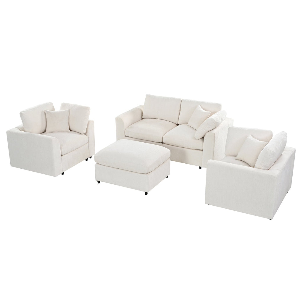 Chenille 4-Piece Sofa Set with Accent Chairs and Movable Ottoman - Grey