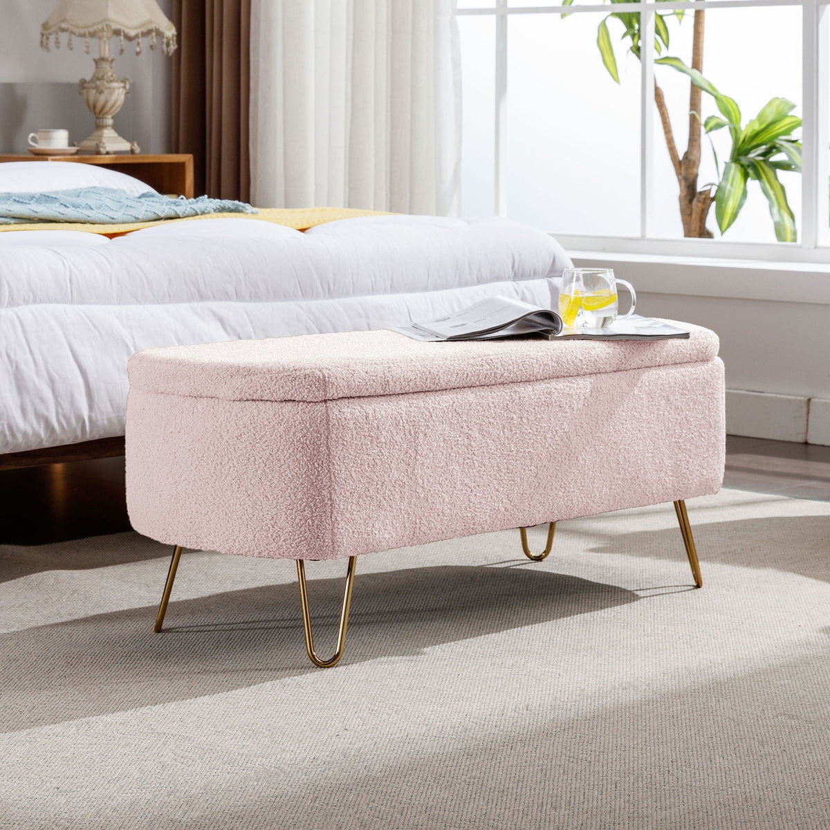 Faux Fur Storage Ottoman Bench with Padded Upholstery - Multiple Colors