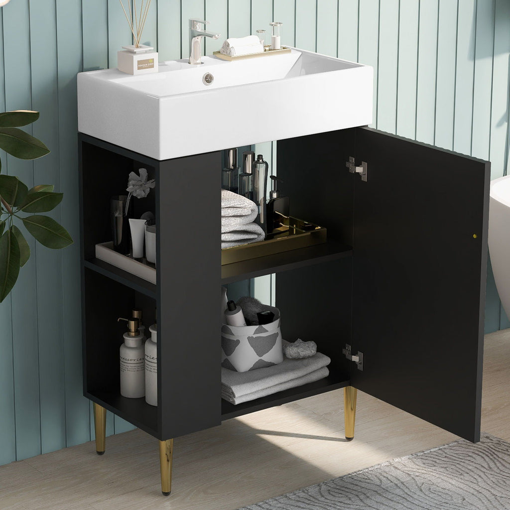 Bathroom Vanity with Single Ceramic Sink and Side Storage - Multiple Colors
