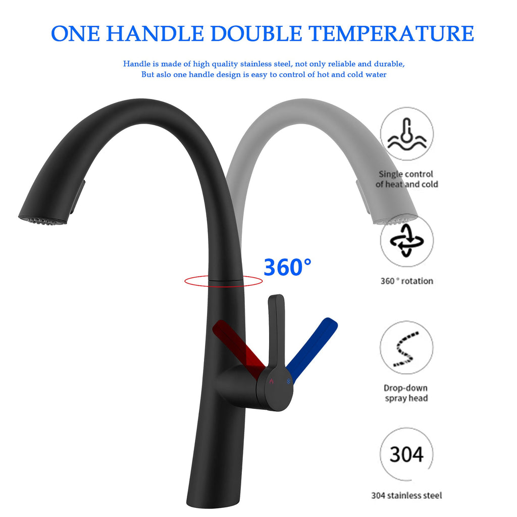 Stainless Steel Pull Out Kitchen Faucet with High Arch Spout - Black or Gold