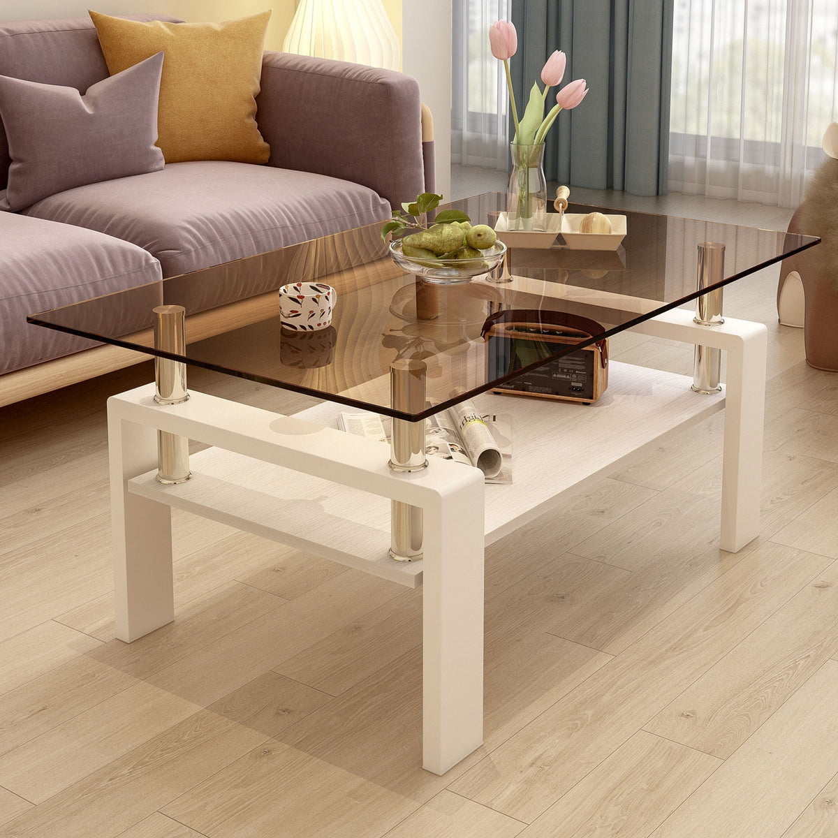 Modern Rectangular Coffee Table with Glass Top and Storage Shelf - White, Gray, Dark Gray, Dark Brown