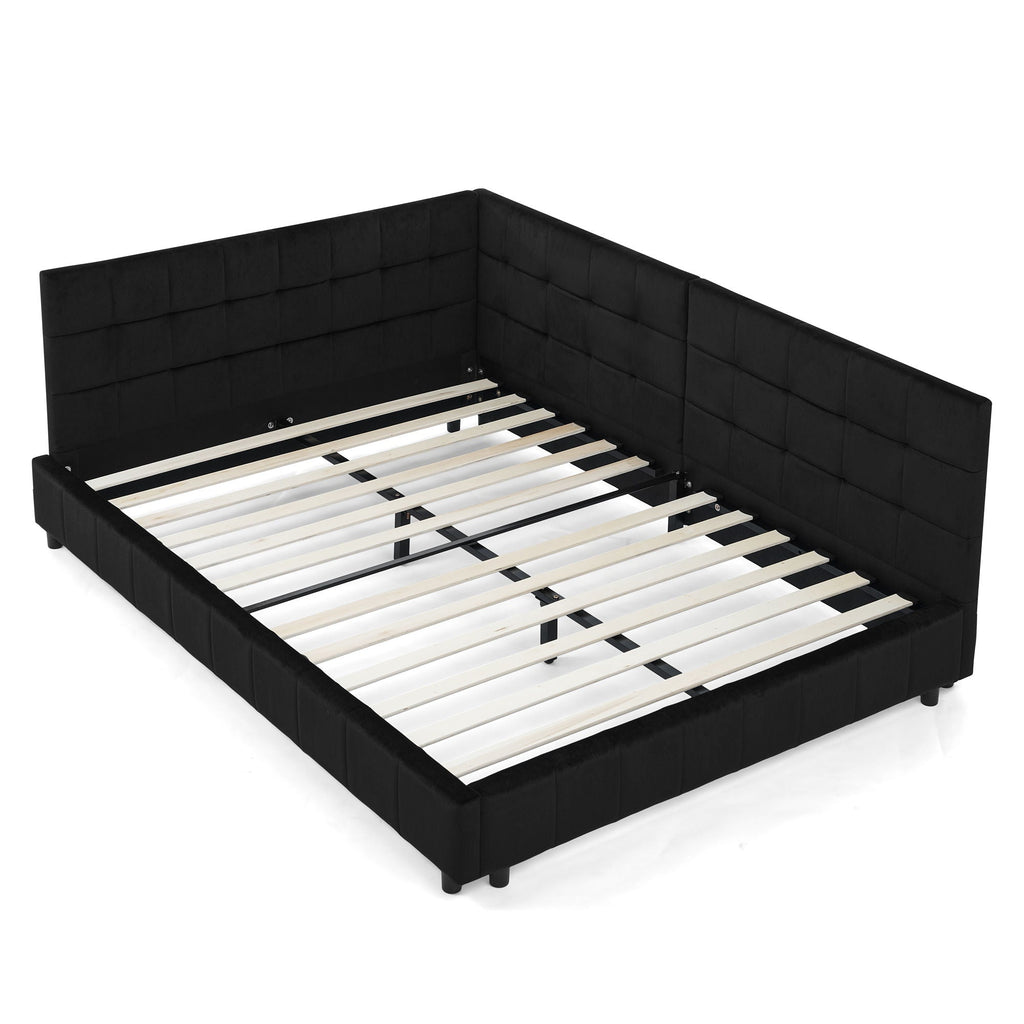 Mid-Century Storage Upholstered Tufted Bed Frame with Backrest and Armrests - Multiple Colors