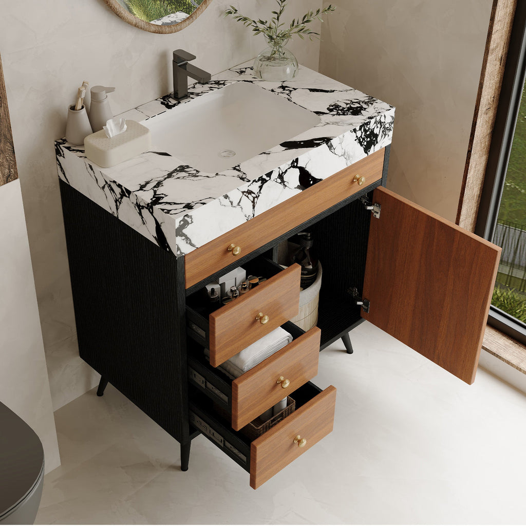 Modern Free-Standing Bathroom Vanity with Ceramic Sink & Sintered Stone Top - White