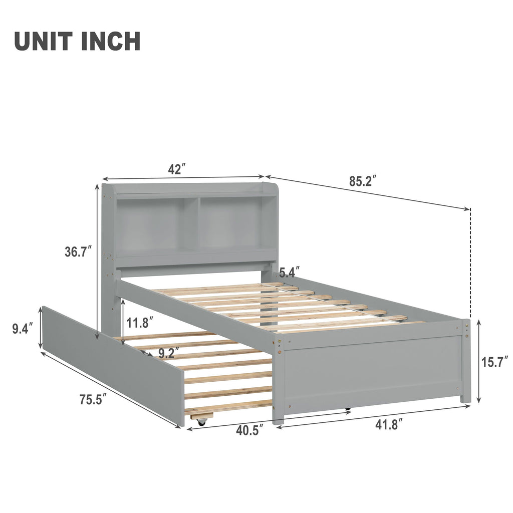 Twin Bed With Trundle and Bookcase Headboard - Wood Frame, Multiple Colors