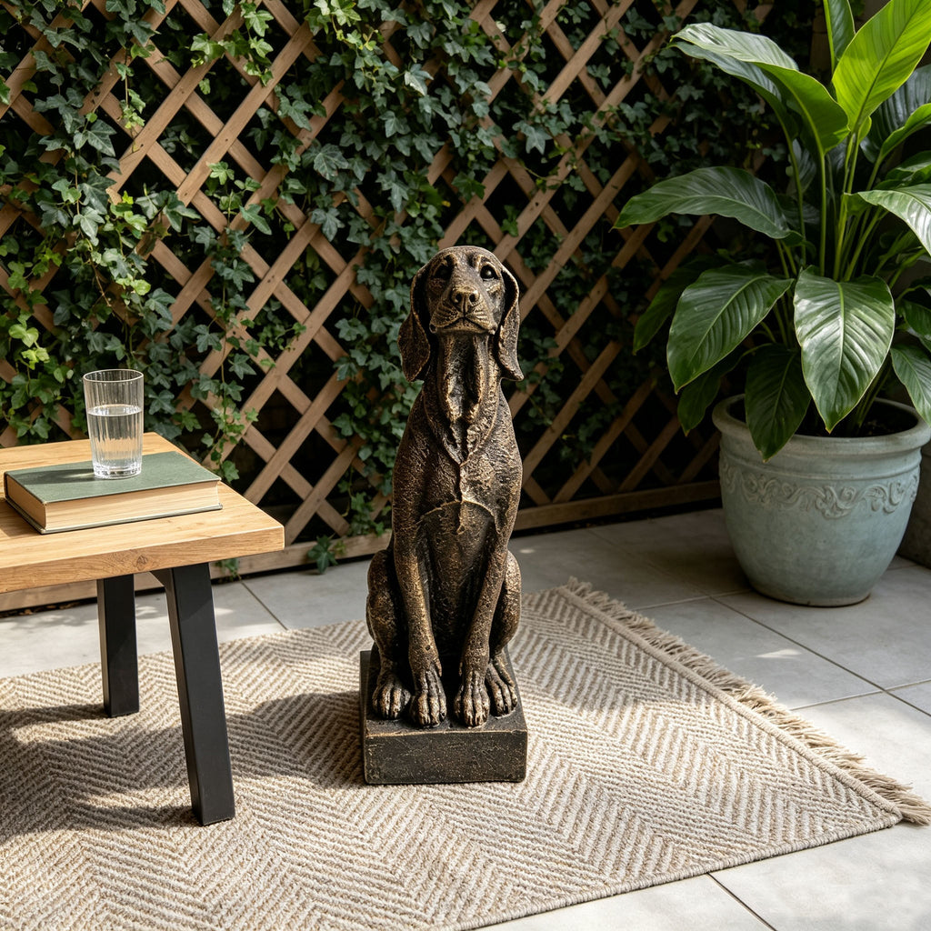 Vintage Bronze Sitting Hound Dog Statue with Antique Finish - Bronze
