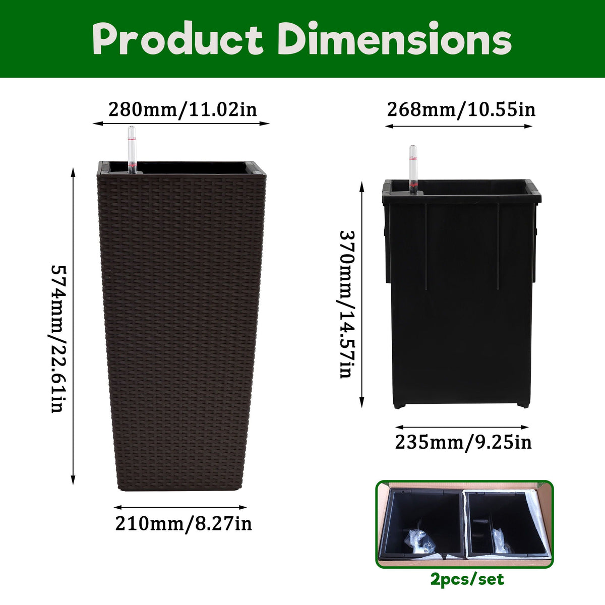 Indoor Outdoor Planter with Automatic Watering System - Dark Brown, Black, or White