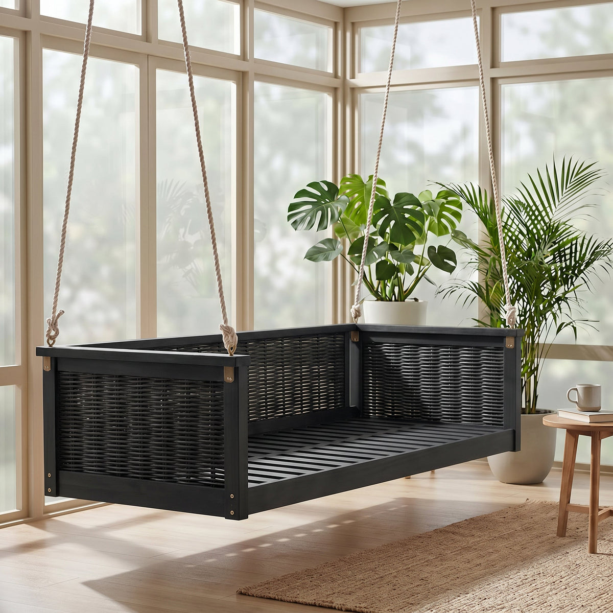 Solid Wood Twin Size Swing Bed with Handwoven Rattan - Natural Wood