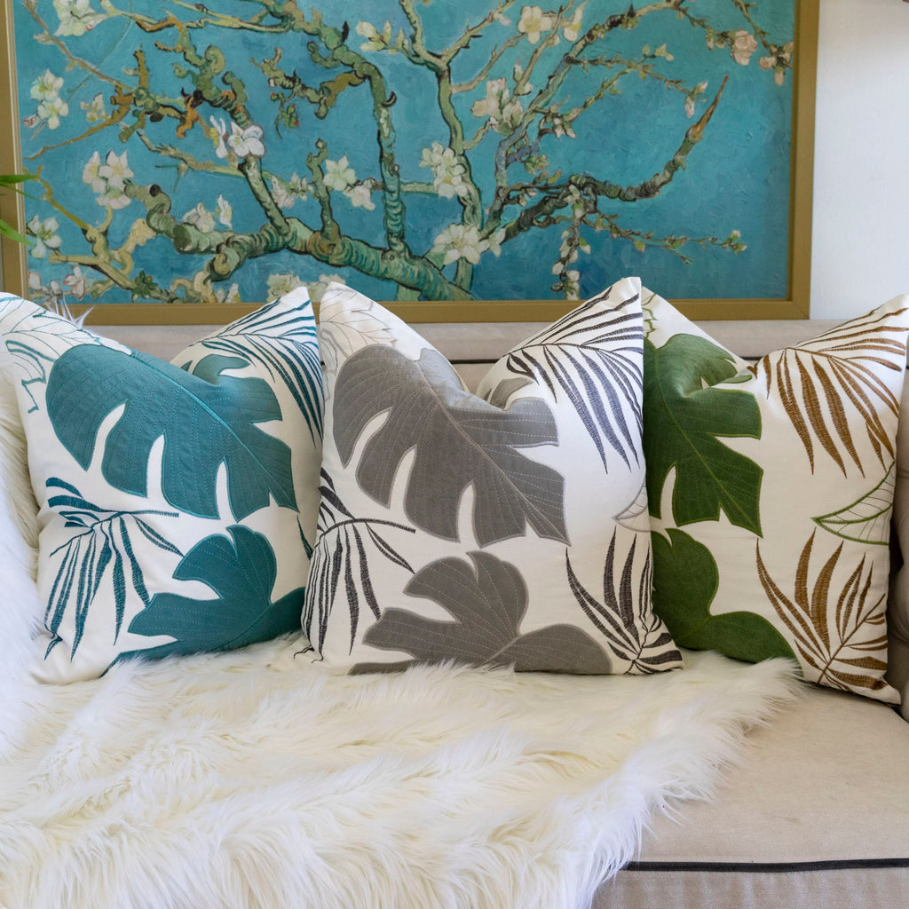 Autumn Vibes Leaf Accent Pillow with Soft Texture - Green, Dark Gray, Light Blue, Yellow, Orange