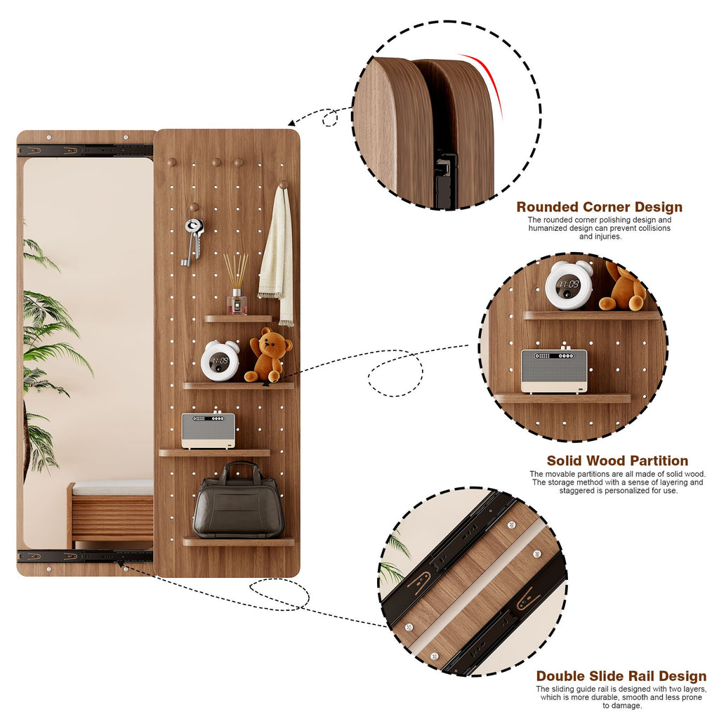 Full Length Wall Mounted Mirror with Shelf and Hook - Dark Brown, White, or Light Brown