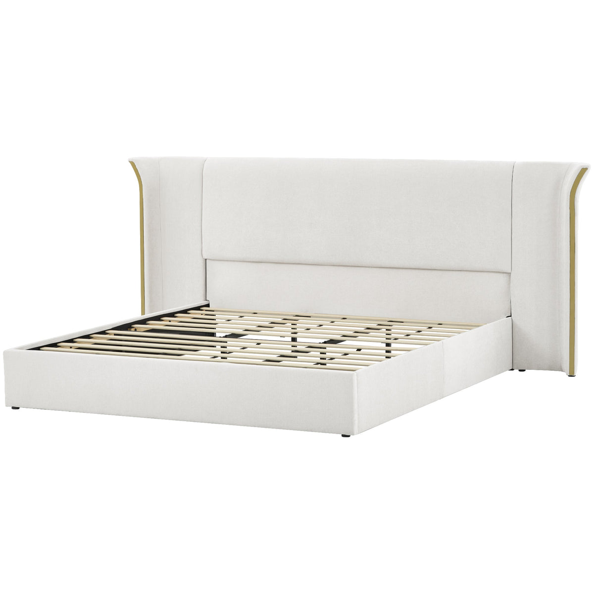 King Size Luxury Wing-Back Upholstered Bed Frame with Padded Headboard - Beige