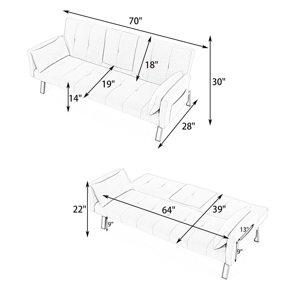 Foldable Sofa Bed with Cup Holder and Solid Wood Frame - Multiple Colors