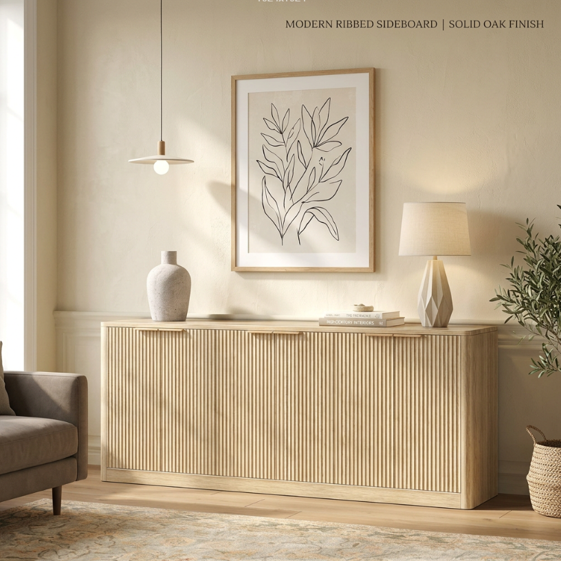 Natural Wood Sideboard Cabinet with Adjustable Storage – Farmhouse Buffet