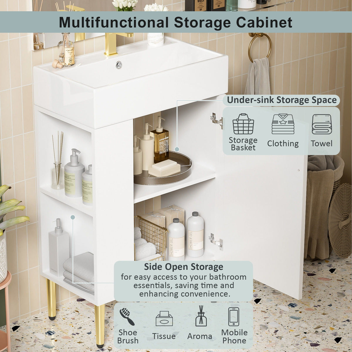 Bathroom Vanity with Single Ceramic Sink and Side Storage - Multiple Colors