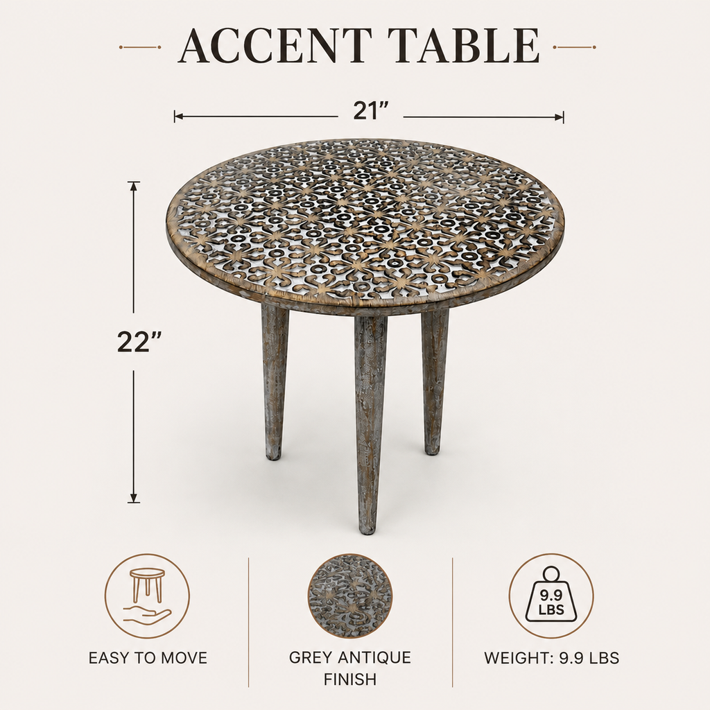 Handcrafted Mango Wood Round Accent Table with Intricate Carving - Gray Antique Wash