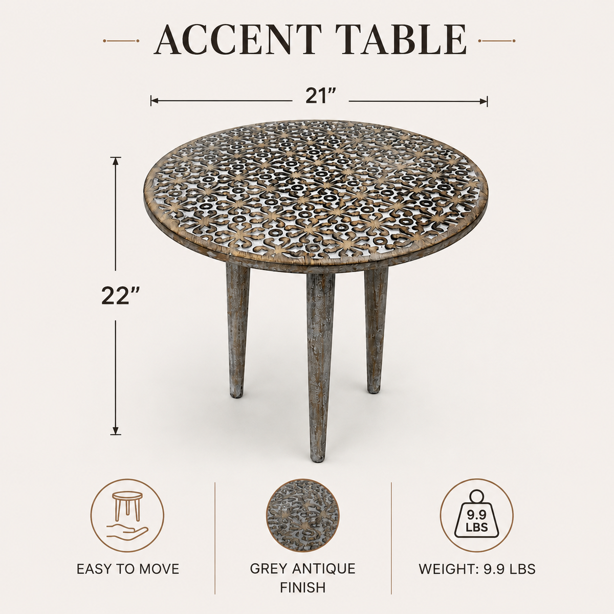 Handcrafted Mango Wood Round Accent Table with Intricate Carving - Gray Antique Wash