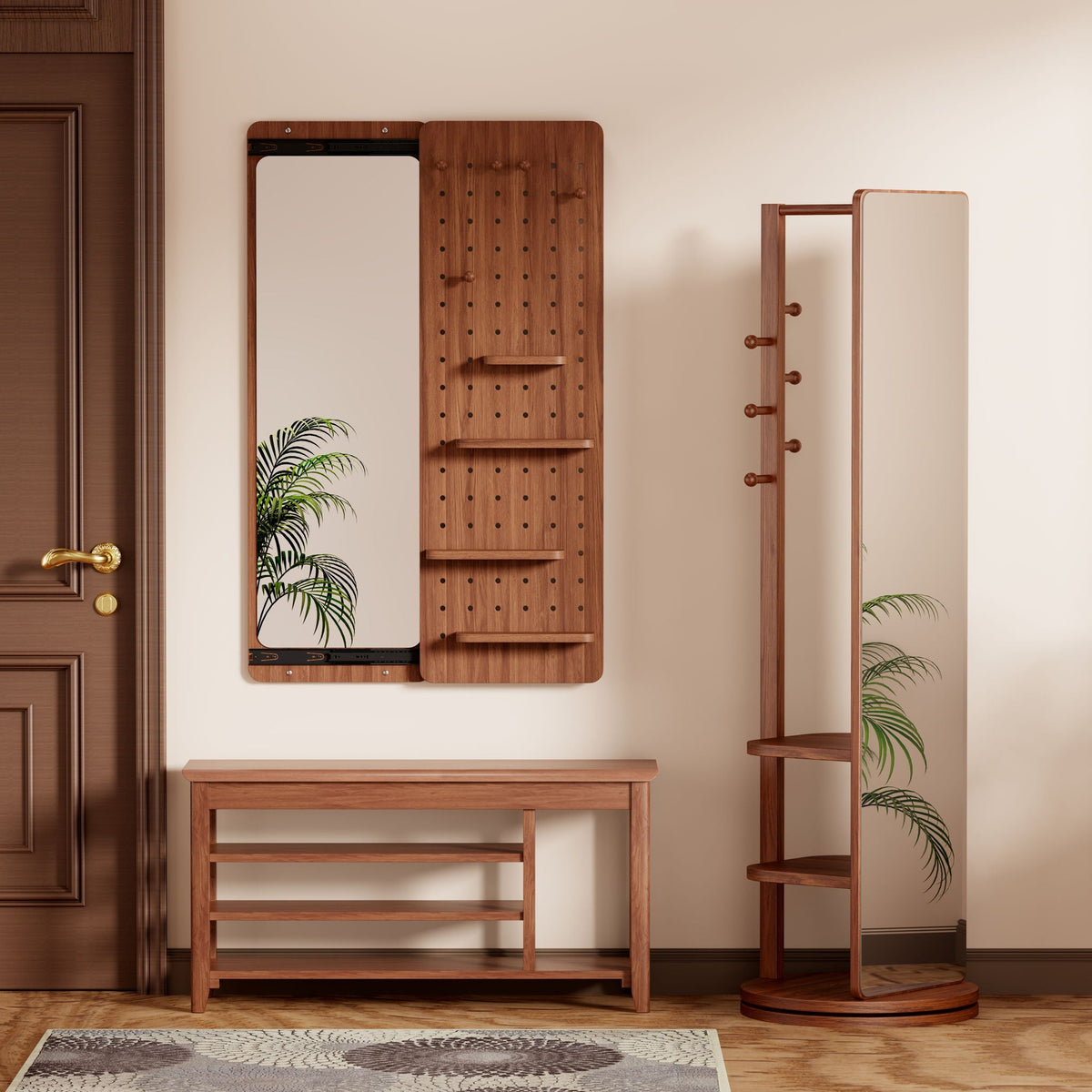 Full Length Wall Mounted Mirror with Shelf and Hook - Dark Brown, White, or Light Brown