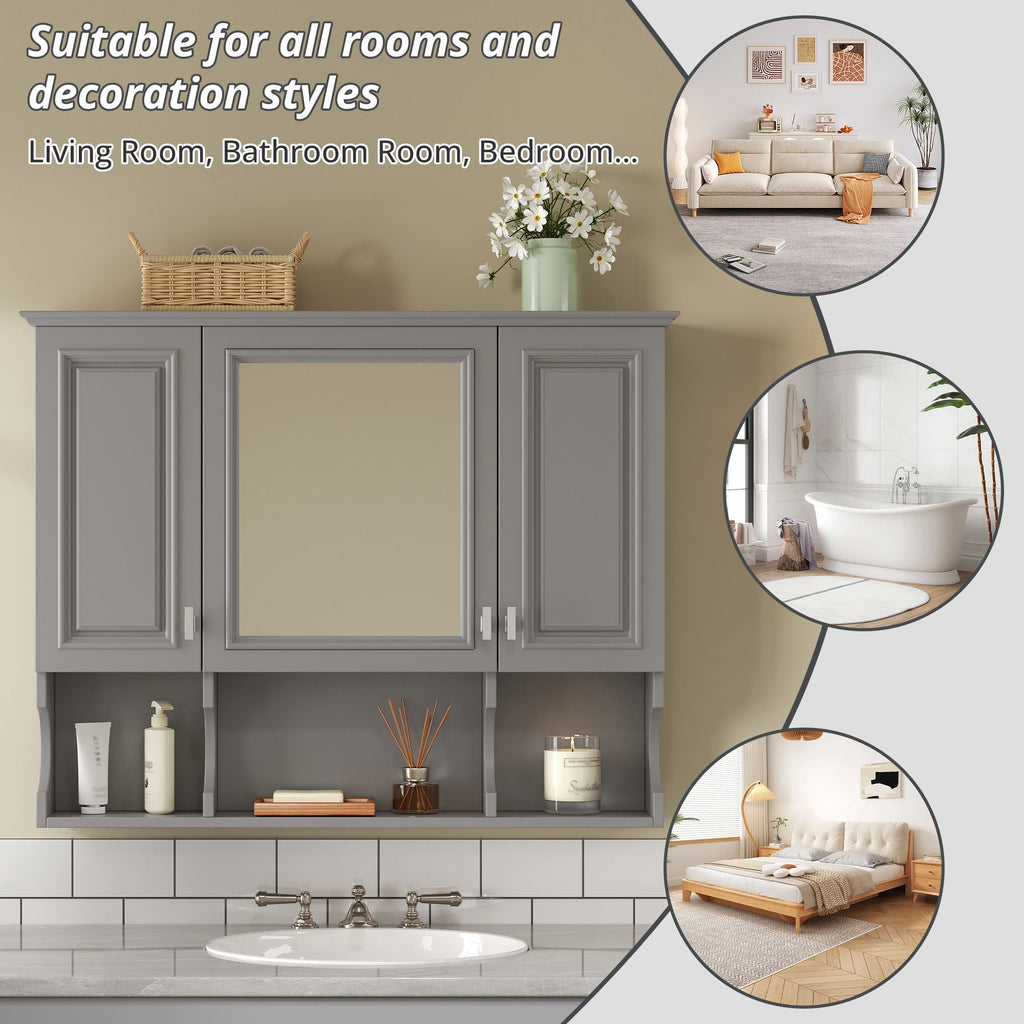 Wall Mounted Bathroom Medicine Cabinet With Mirror & Open Shelves