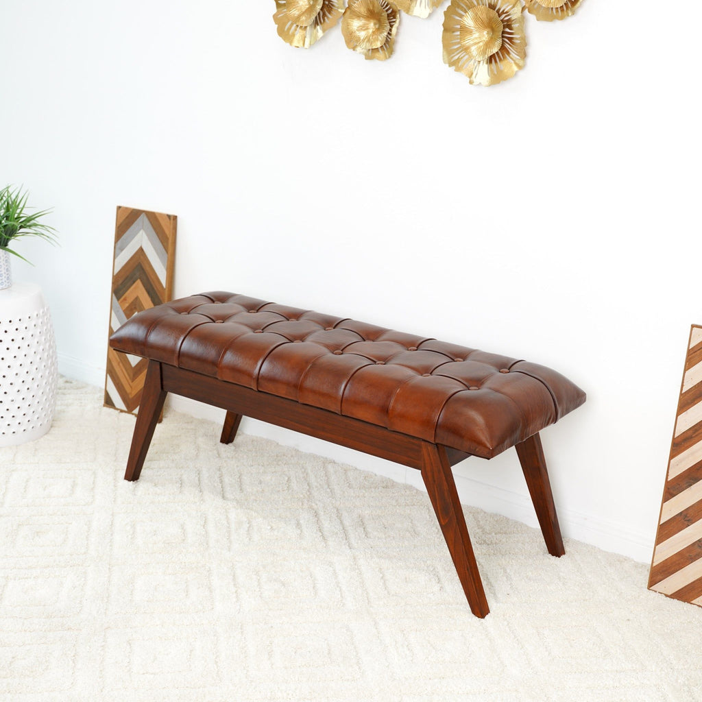 Cognac Genuine Leather Upholstered Bench with Solid Wood Frame - Dark Brown