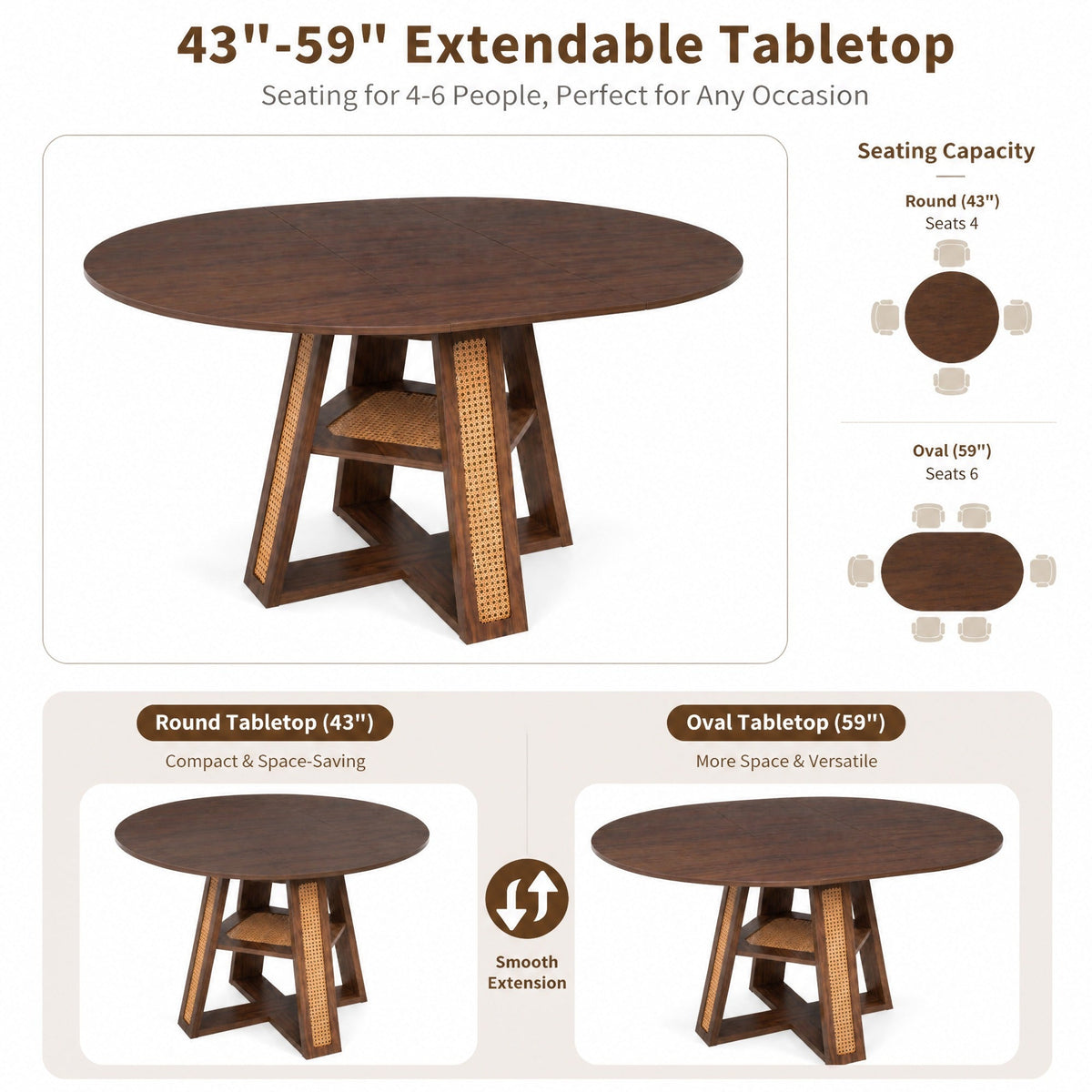 Extendable Round Dining Table for 4-6 with Storage Shelf - Particle Board