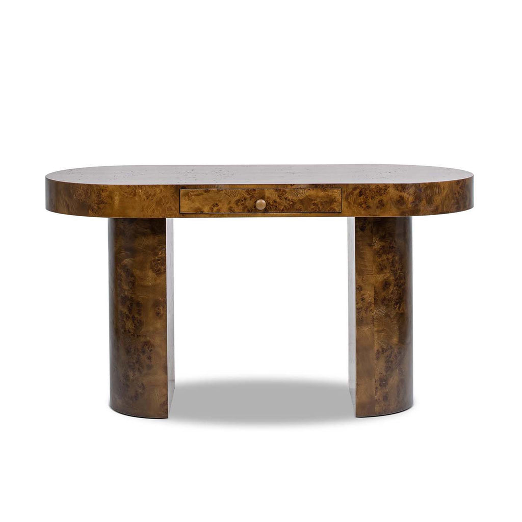Oval Computer Desk with Single Drawer - Burl Wood Veneer, Light or Dark Brown