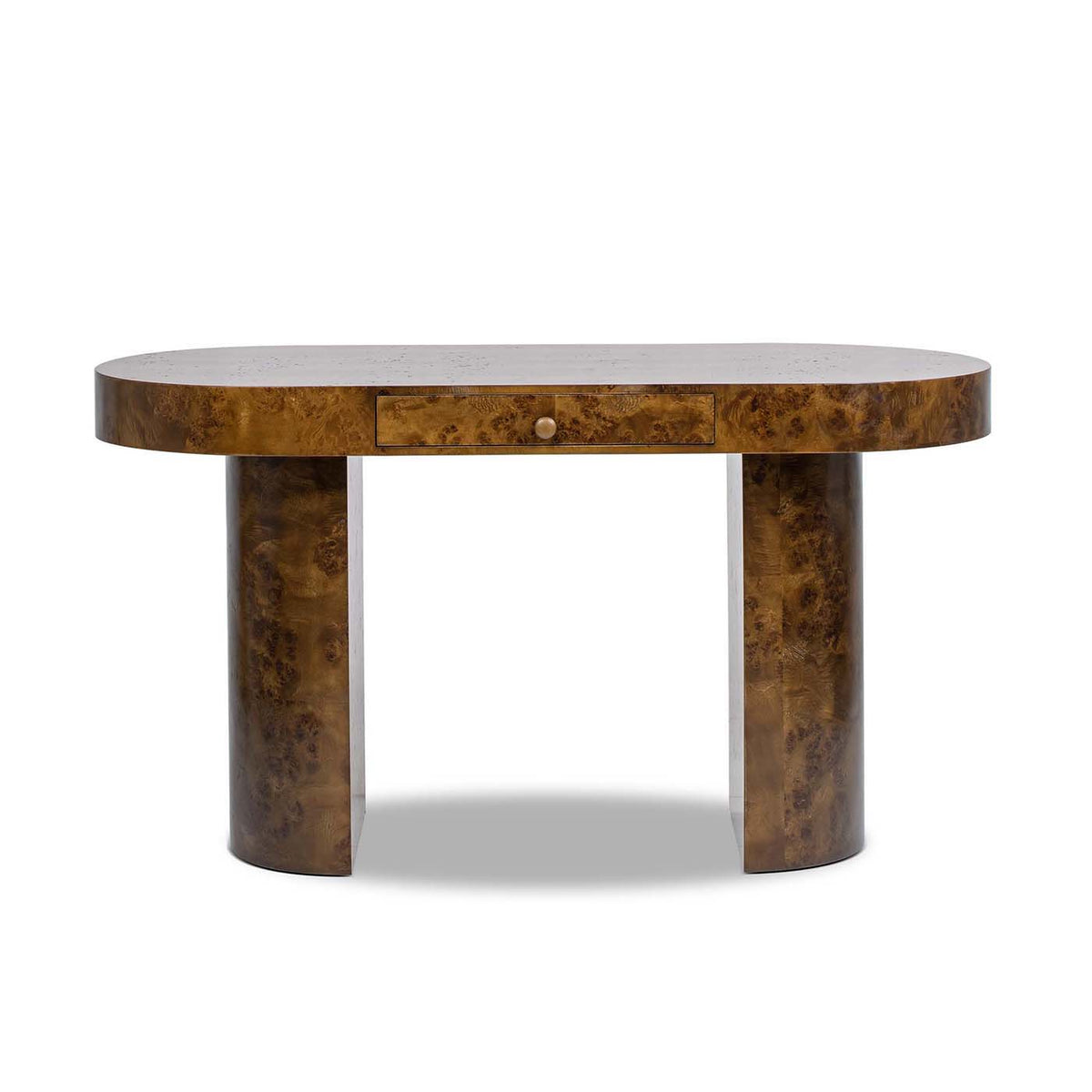 Oval Computer Desk with Single Drawer - Burl Wood Veneer, Light or Dark Brown
