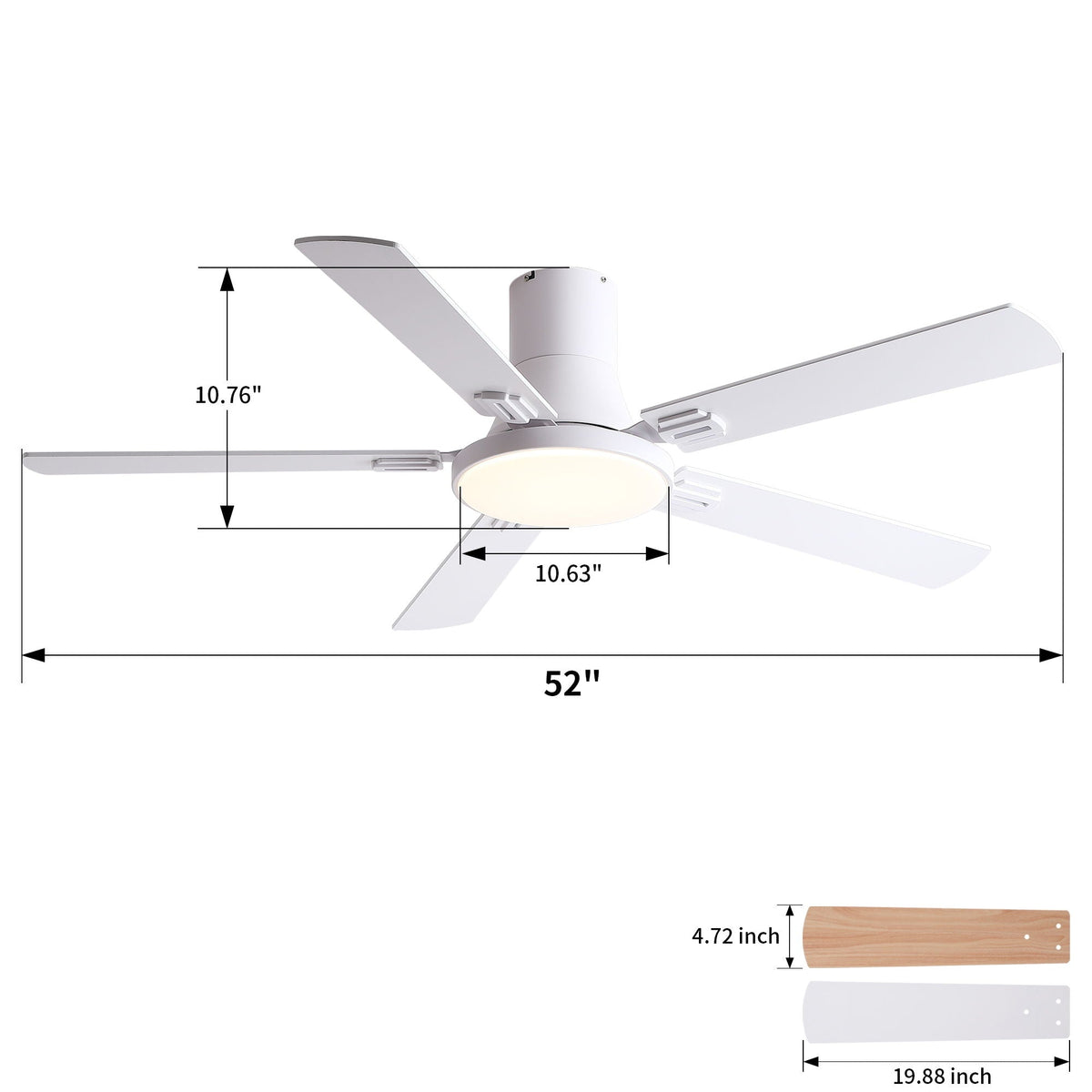 Flush Mount Ceiling Fan with LED Light and Remote Control - Black, White, Pearl Silver