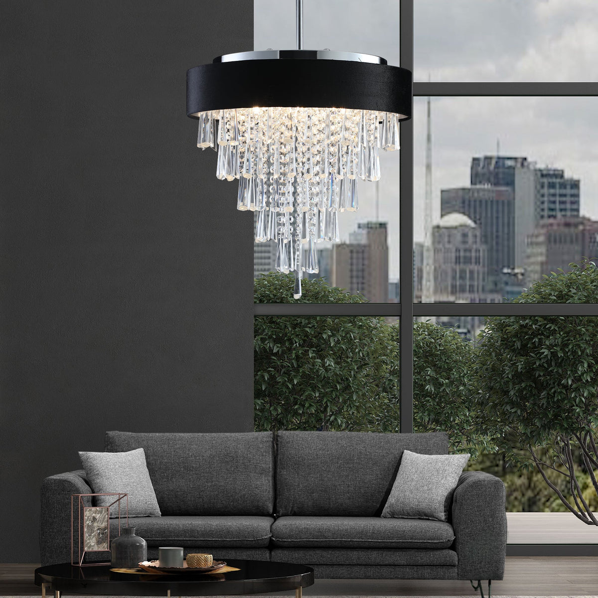 18-Inch Modern Crystal Chandelier with Black Velvet Shade - Transparent