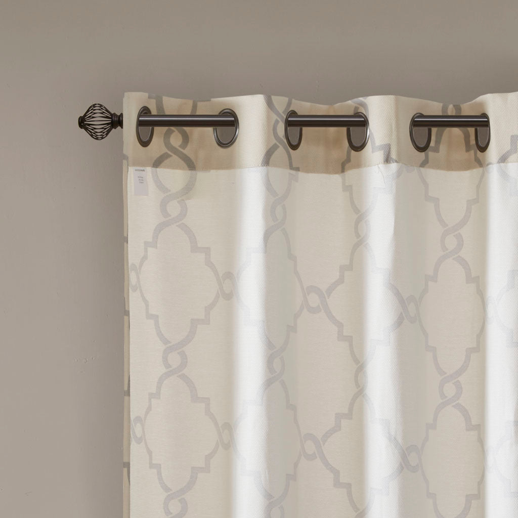 Fretwork Print Grommet Top Window Curtain Panel with Sunlight Filtering - Beige/Grey