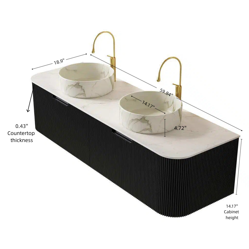 Dina 60" Bathroom Vanity with Sinks and Storage - Black, Carrara White, Stone White or Natural Wood, White