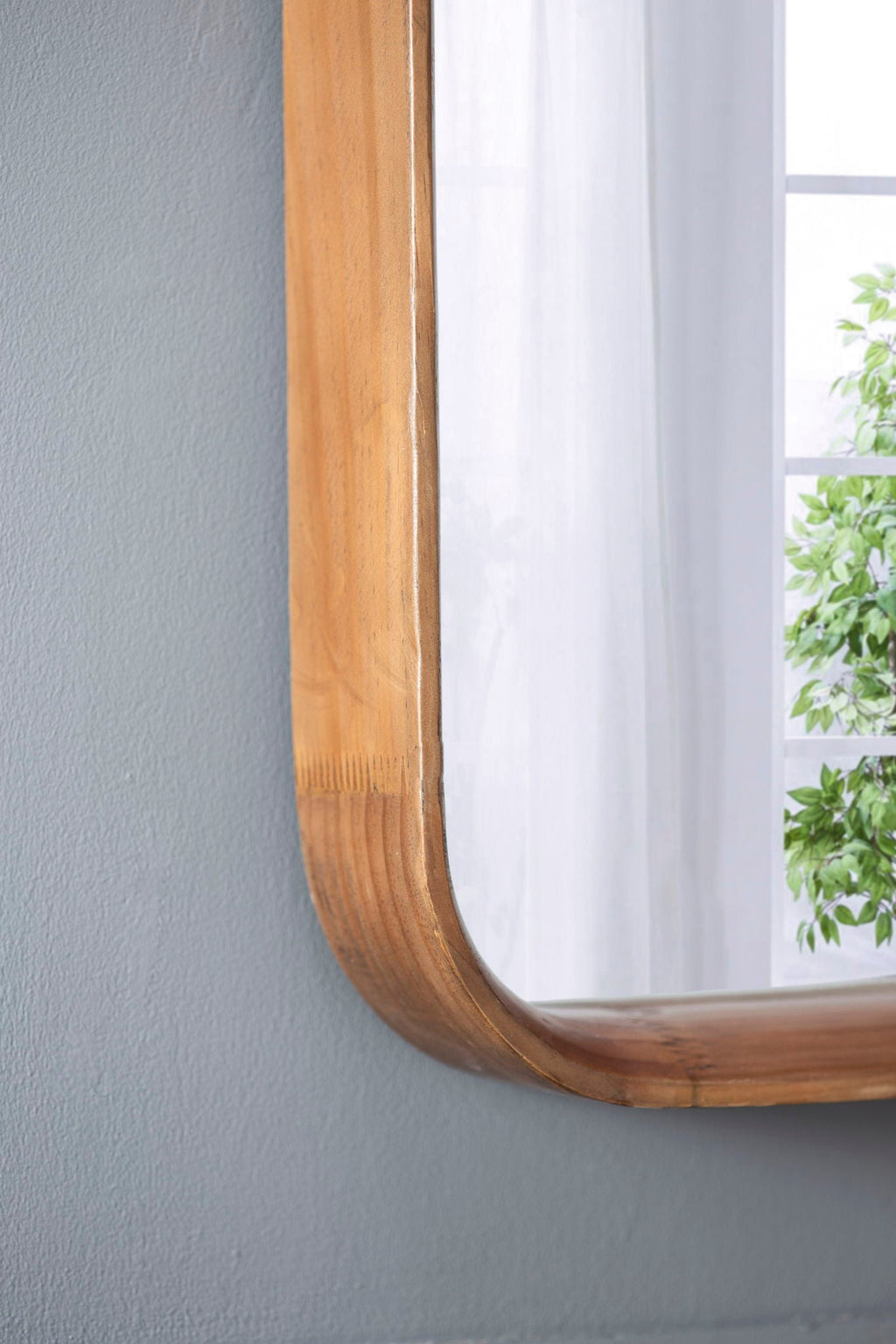 Square Mirror with Wood Frame, Minimalist Wall Mirror with Curved Edges - Brown