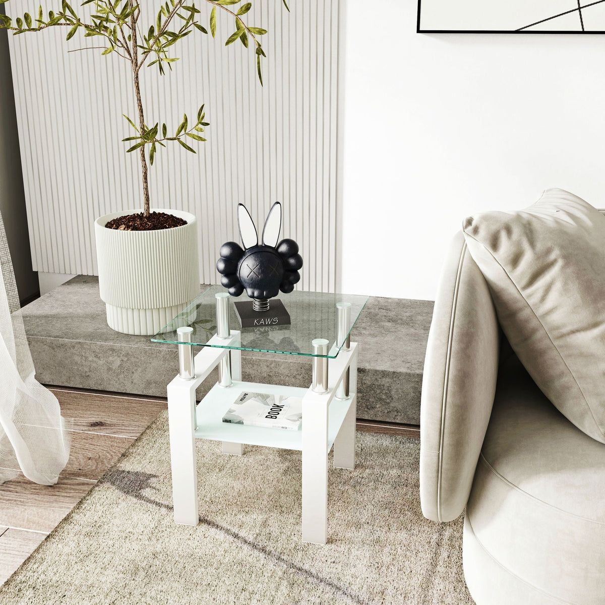 Modern Tempered Glass End Table with Metal Frame - Black or White