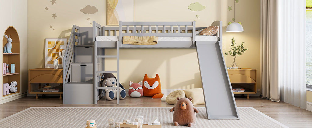 Loft Stairway Bed with Drawers and Convertible Ladder - Twin