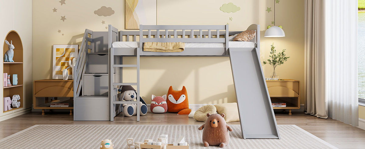 Loft Stairway Bed with Drawers and Convertible Ladder - Twin